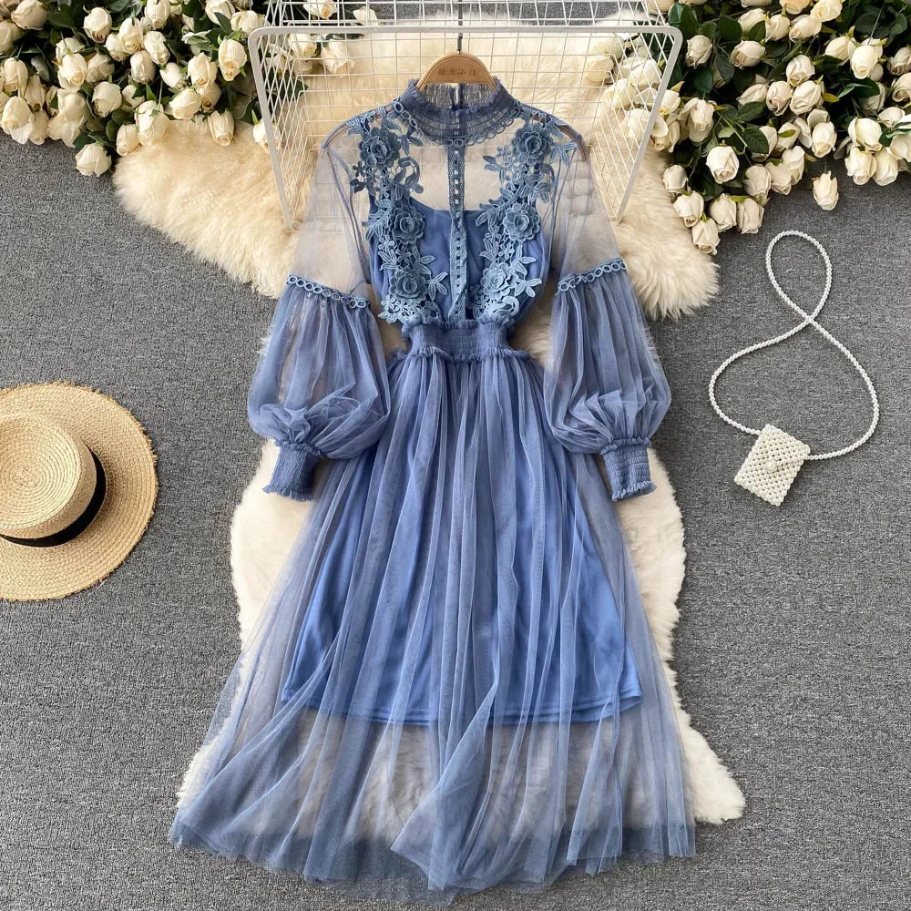 Ladies Dress Three-dimensional Flower Hook Mesh Stand Collar Lantern Sleeve High Waist Female Dresses