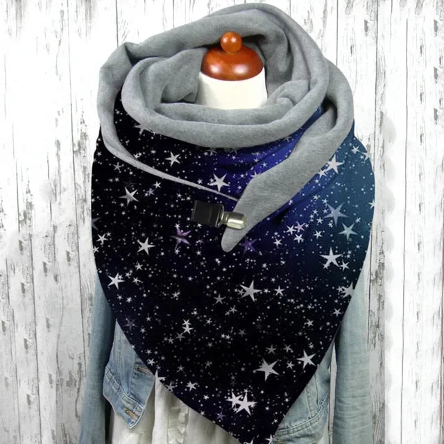Winter Women's Floral Print Thick Warm Scarf – Windproof Double-Layer Buttoned Wrap