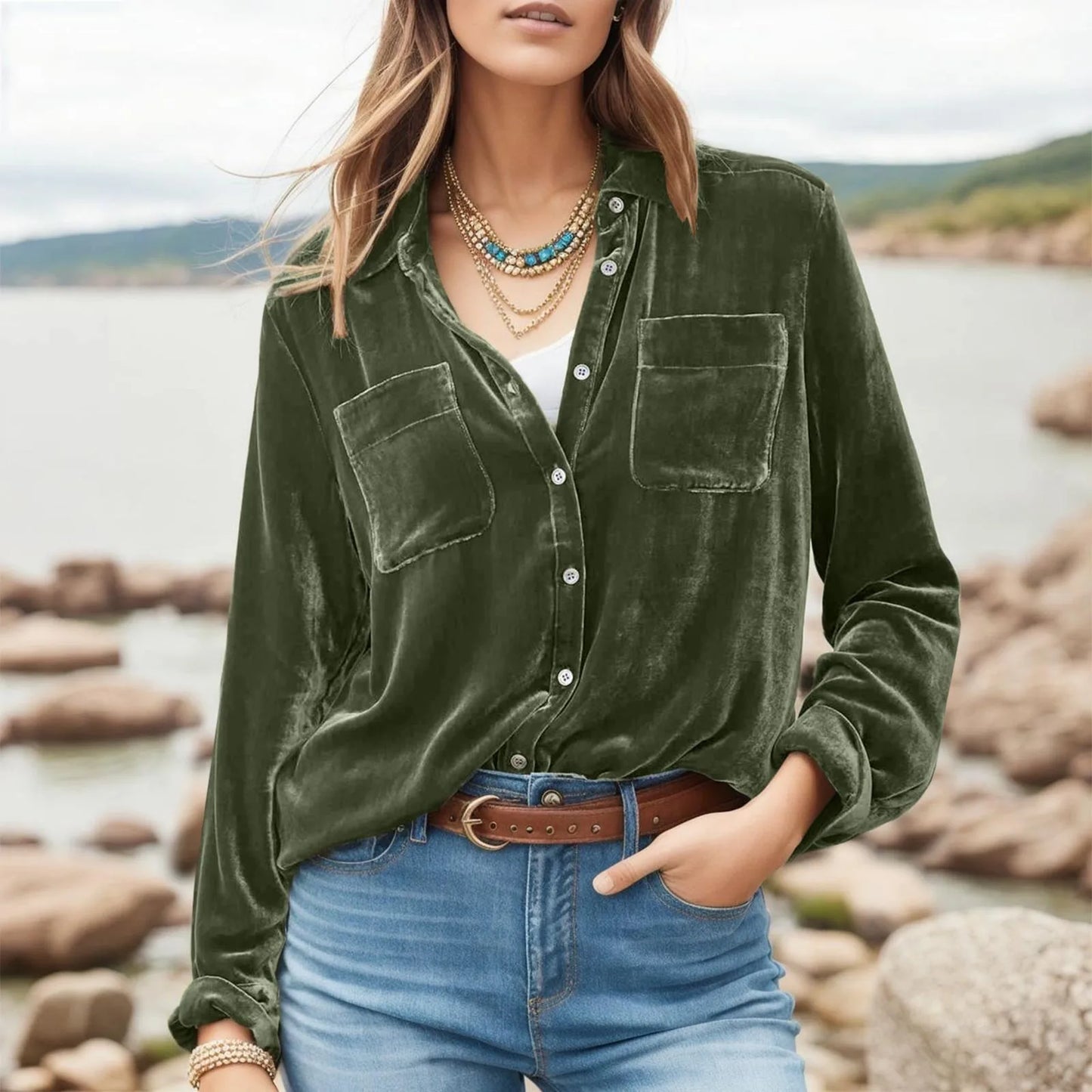 Elegant Velvet Shirt Women V Neck Long Sleeve Loose Fitting Temperament Blouse Tops Casual Versatile Shirts