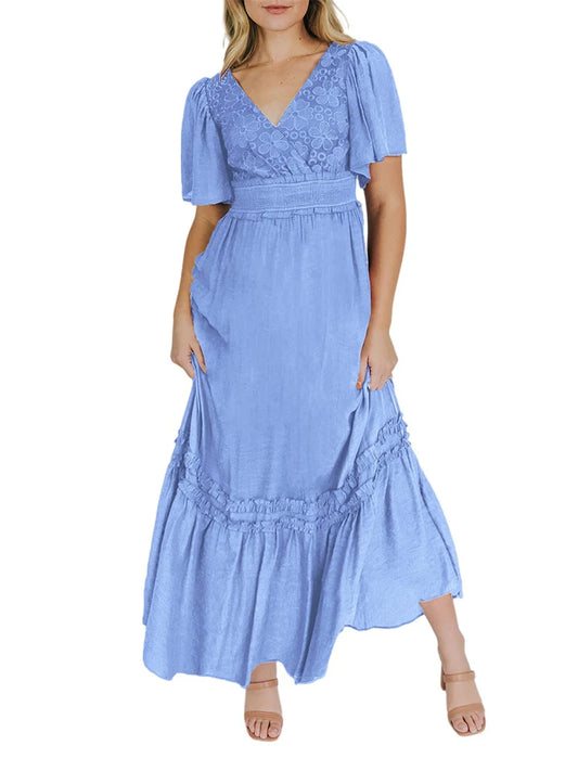 Women's V Neck Formal  V Neck Maxi Dress Ruffle Fringe Short Sleeve Boho  Long Dresses