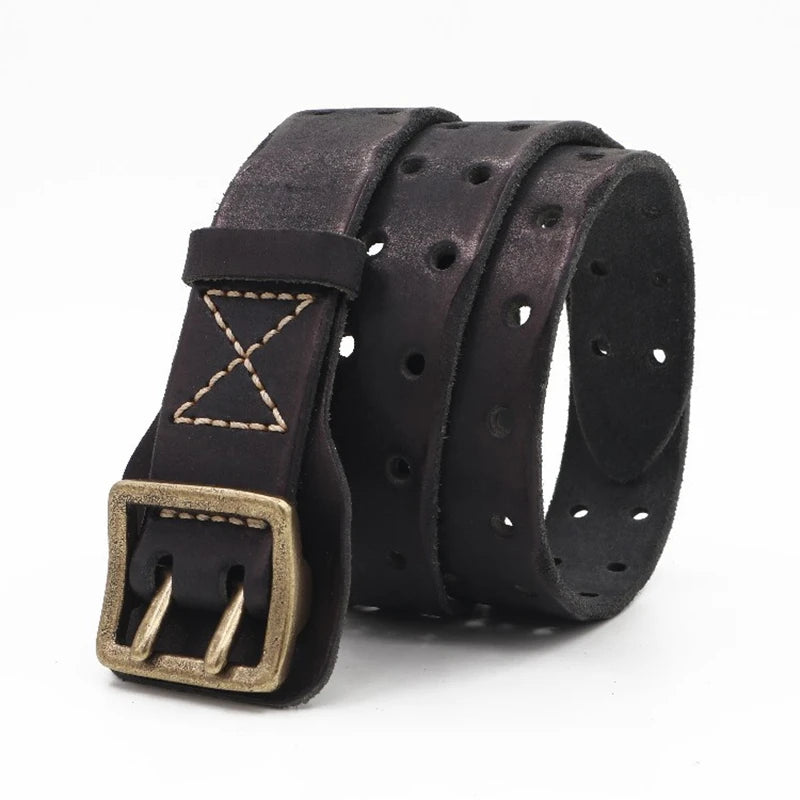 Original Handmade Double-needle Buckle Belt Washed  Genuine Leather