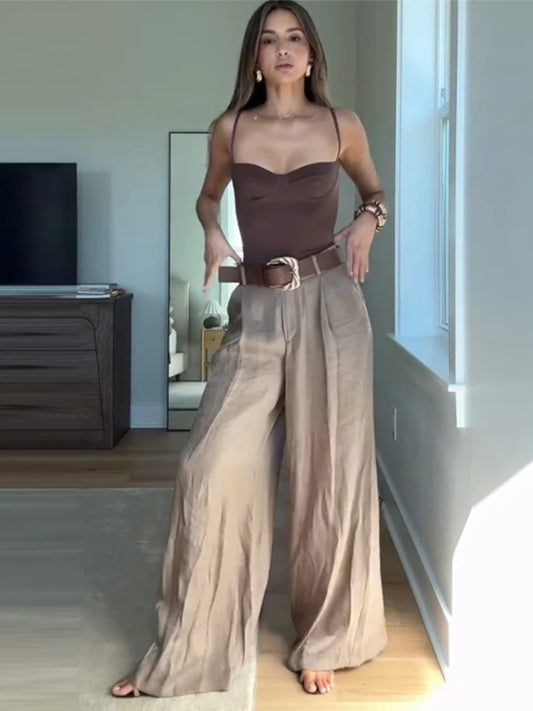 Straight Pants Solid High Waist Belt Pockets Wide Leg Long Trousers Lady Vintage High Street Wears Bodysuit Top or Vest
