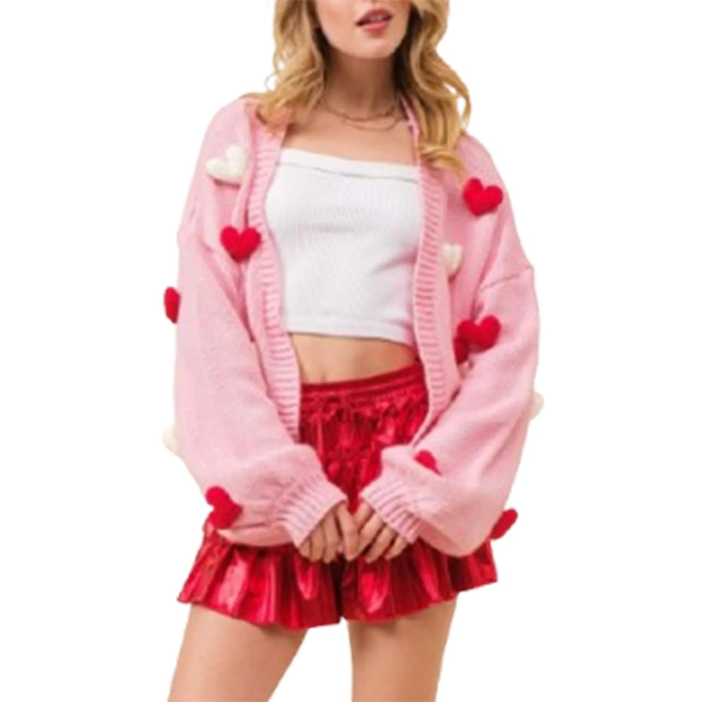 Valentine s Day Heart Print Knit Cardigan Sweater Long Sleeve Embroidered