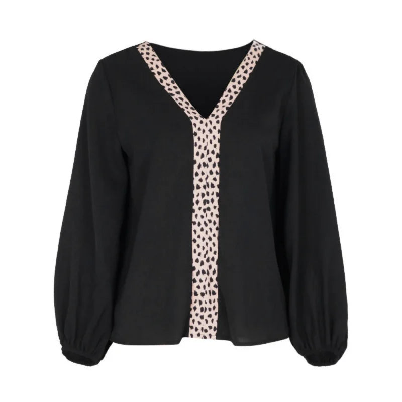Long Sleeve Blouses Women Leopard Print Trim Chiffon Tops V Neck Loose Business Shirts Casual Work Tunic