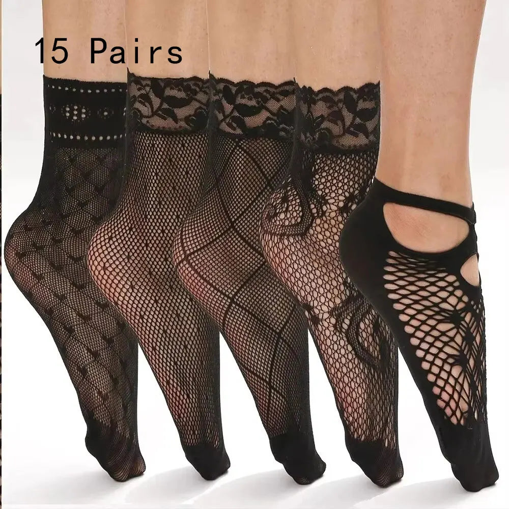 5/10/20 Pairs Vintage Lace Women's Socks Summer Mesh Elastic Transparent Ankle Socks  Women Versatile Fish Net Black Sock