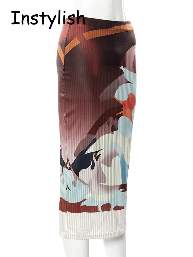 Vintage Art Print Ribbed Midi Skirt