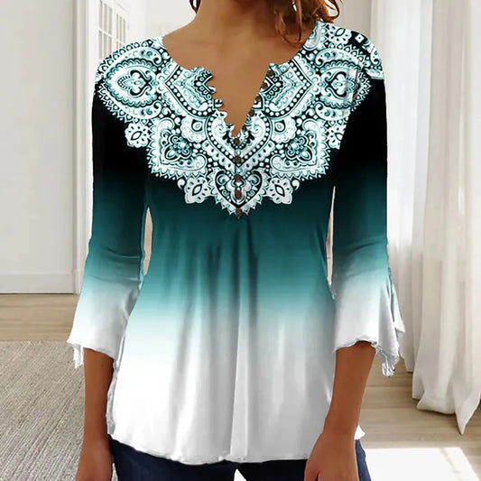 Women's V-Neck Short Sleeve Summer Button T-Shirt Street Trend Flower Geometric Print Women's Loose Casual V-Neck