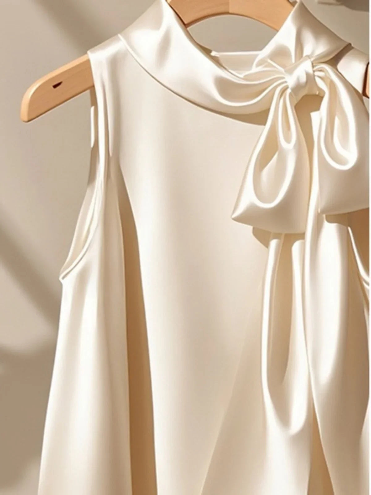 Chic Champagne White Satin Halter Neck Tank Top  French Bow Sleeveless