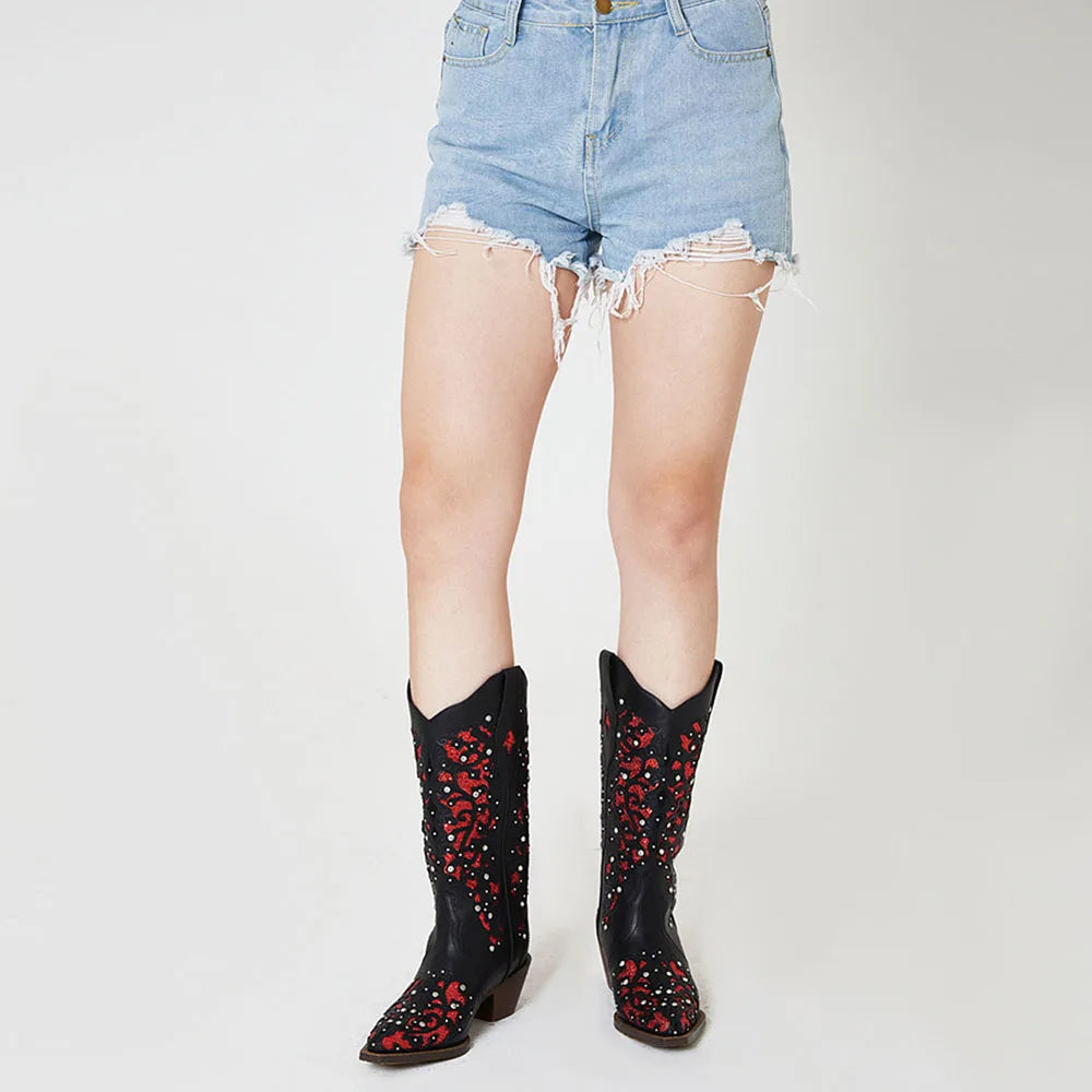 Rhinestone Western Mid-Calf Boots For Woman Block Mid Heel Pull-On Pointed Toe Hollow Out Retro Cowboy Boots