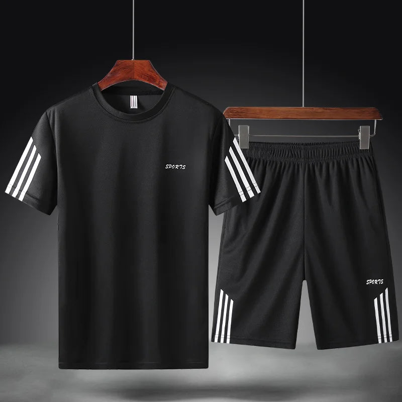 Summer Breathable Sports Suit Men's Short-Sleeved Shirt and Shorts Loose Quick Drying T-Shirt Short Quarter Pants Casual Running Suit