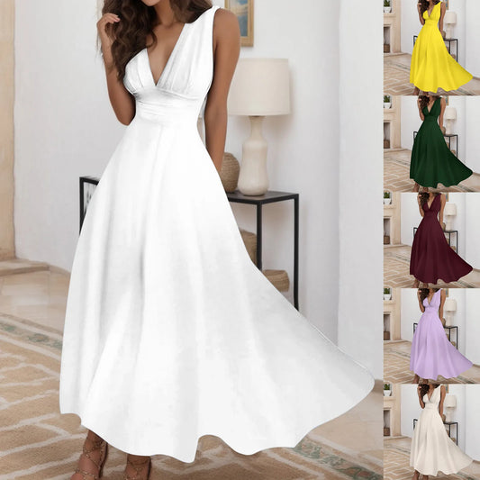 Women's Elegant A Line Sleeveless Midi Dress Casual Female V-neck Tunic Waist Swing Dress Wrap Long Dresses