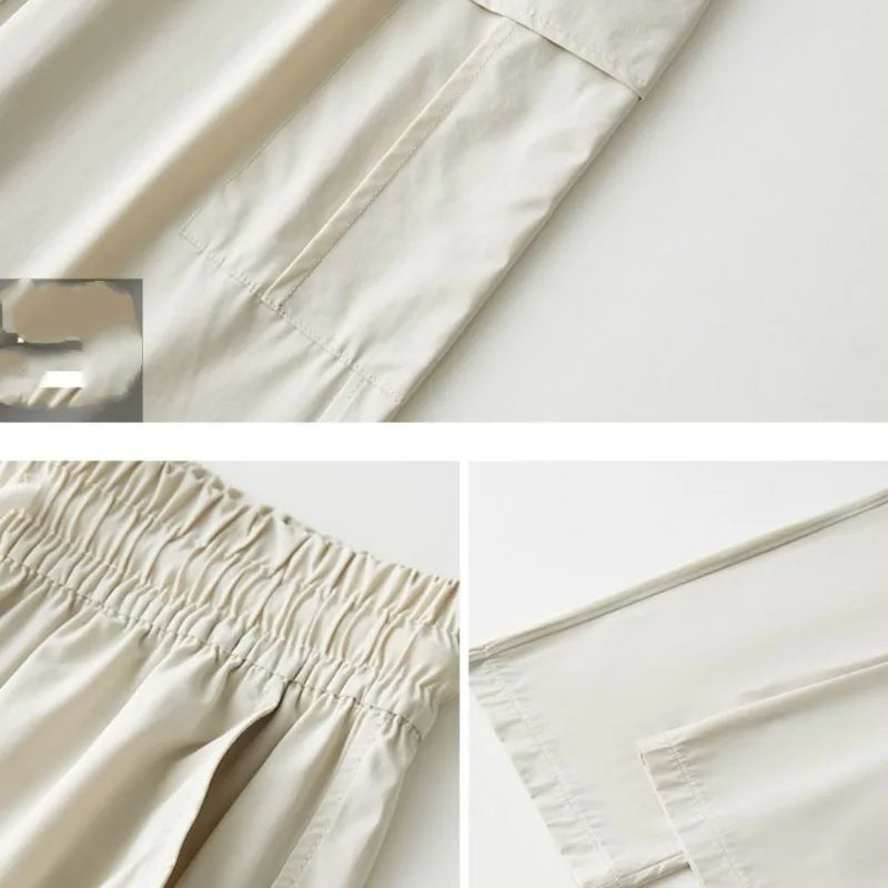 High Waist Pockets Drawstring Elastic Casual Sports Wide Leg  Trousers