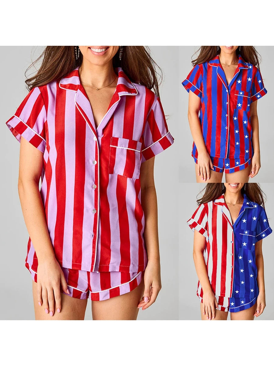 Women s 2 Piece Pajamas Set  Print Short Sleeve Button Up Shirt Shorts Set Lounge Clothes