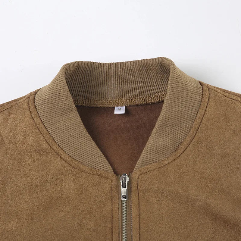 Vintage Chocolate Leather  Jacket  Chic Zipper Long Sleeve Pocket Short Coat