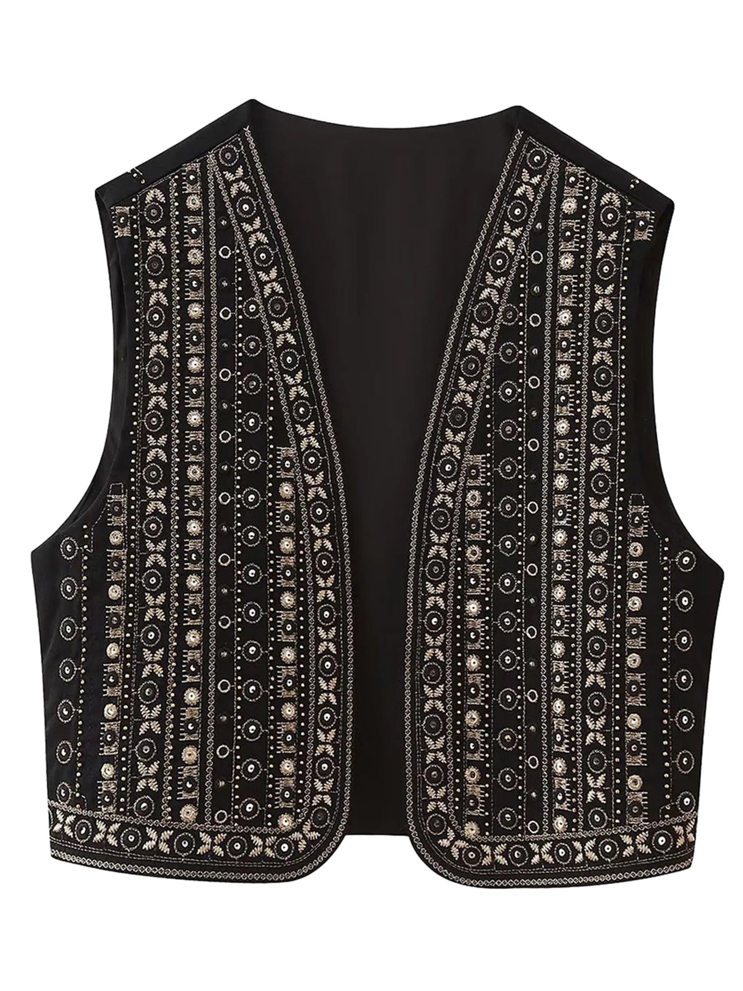 Elegant Floral Embroidered Sleeveless Vest Jacket  Stylish Open Front