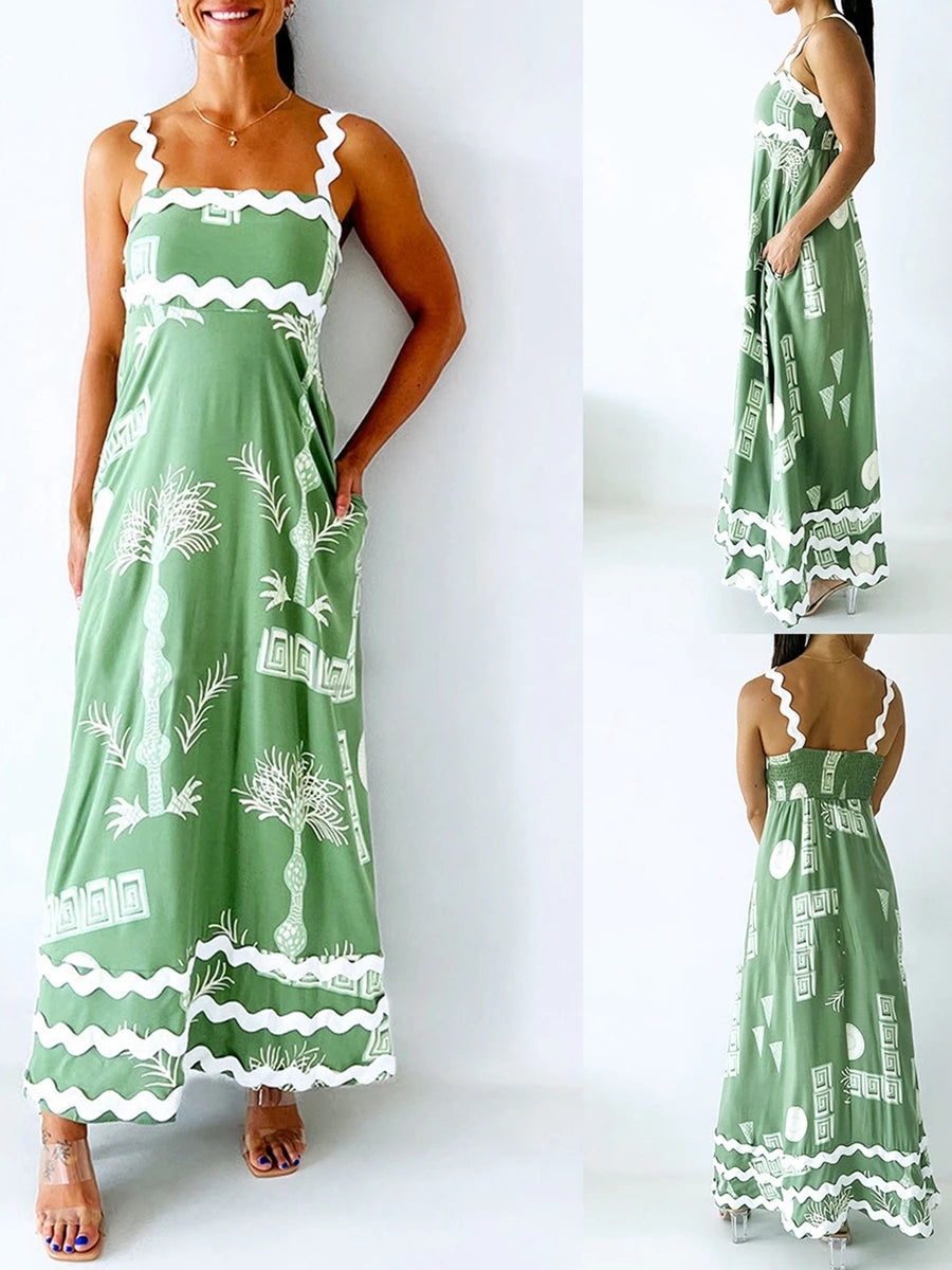 Floral Print Spaghetti Strap Maxi Dress with Side Slits and Adjustable Waist Tie
