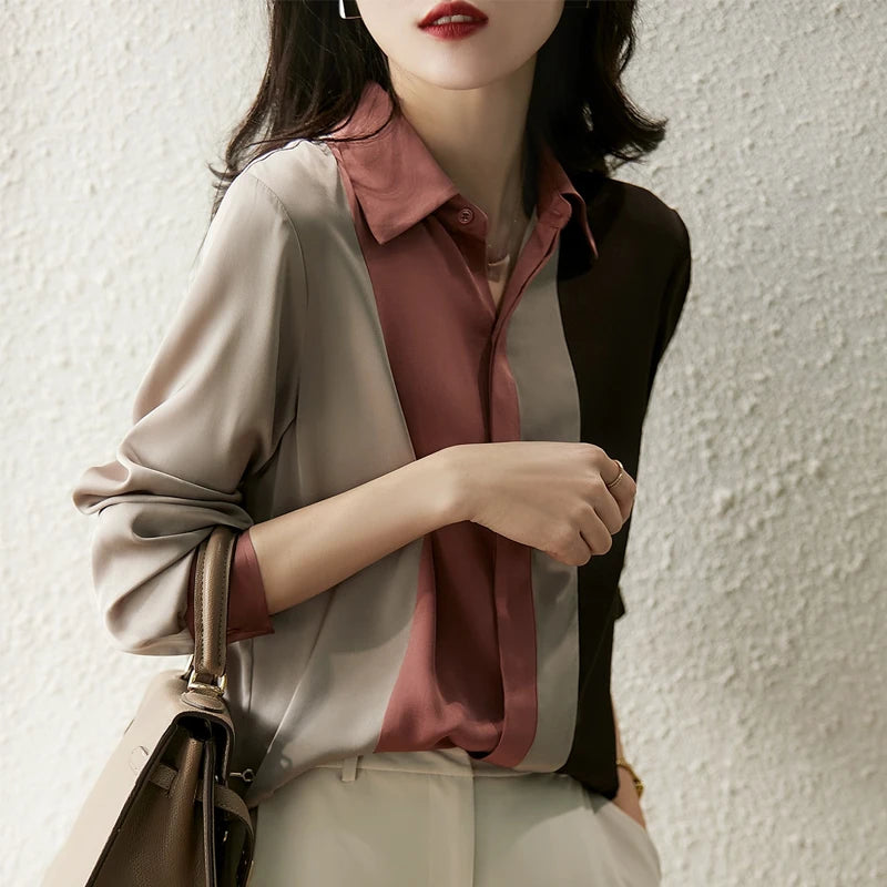 Women Satin Button Blouse Autumn Vintage Long Sleeve Polo Collar Women Shirt Elegant Loose Tops