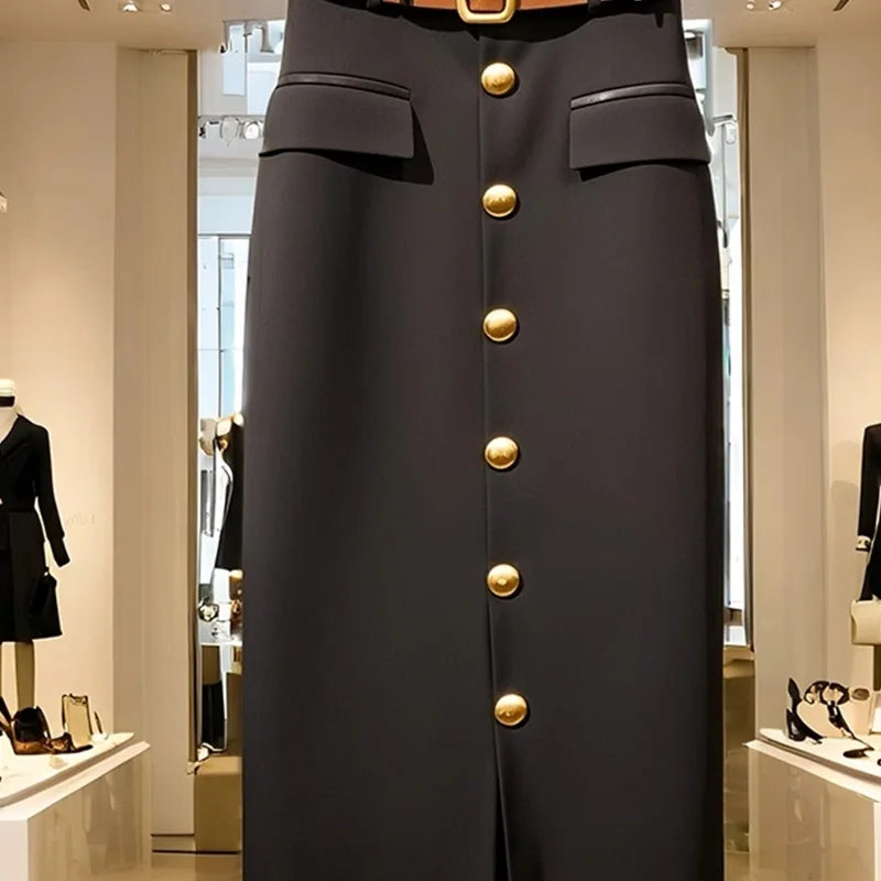 Office  All-match Buttons Skirt  High Waist A-line