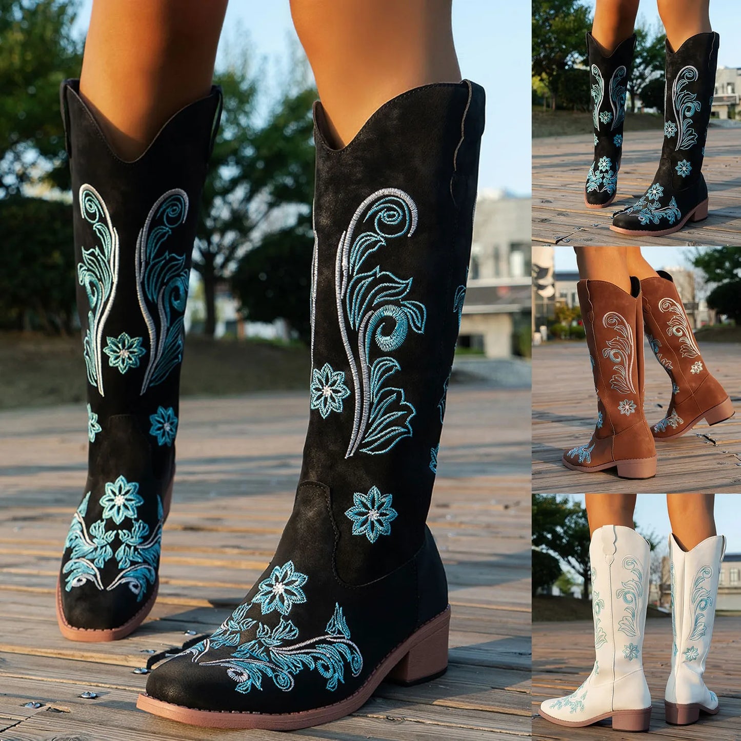Foreign Trade Large Size High Boots Not Above The Knee High Boots Autumn And Winter New Printed Square Heel Boots For Women
