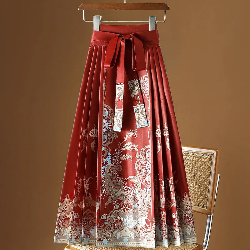 Vintage Maxi Chinese Style Horse Face Skirts  Pleated