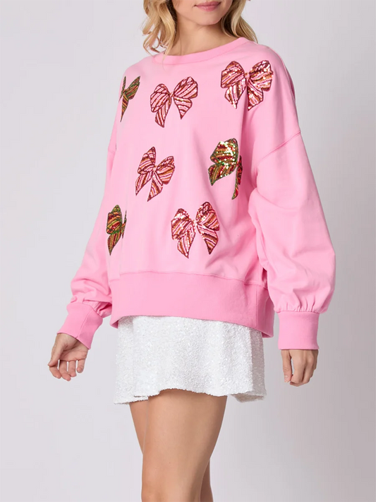 Women s Glitter Embellished Pullover Sweater with Oversized Fit and Bow Detail Drop Shoulder Design Long Balloon Sleeves