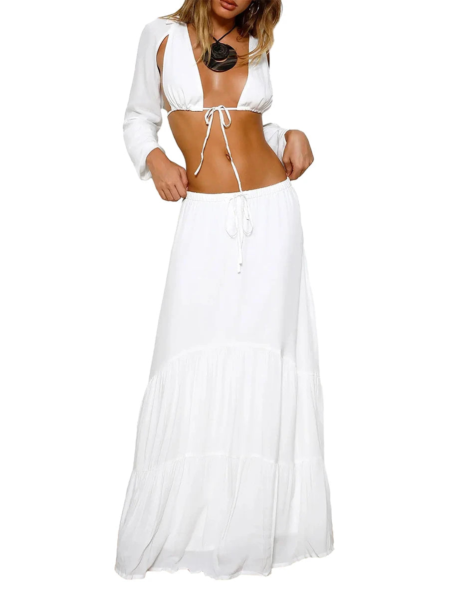Women Skirt Set Long Sleeve Tie-up Crop Top with Low Waist Long Skirt