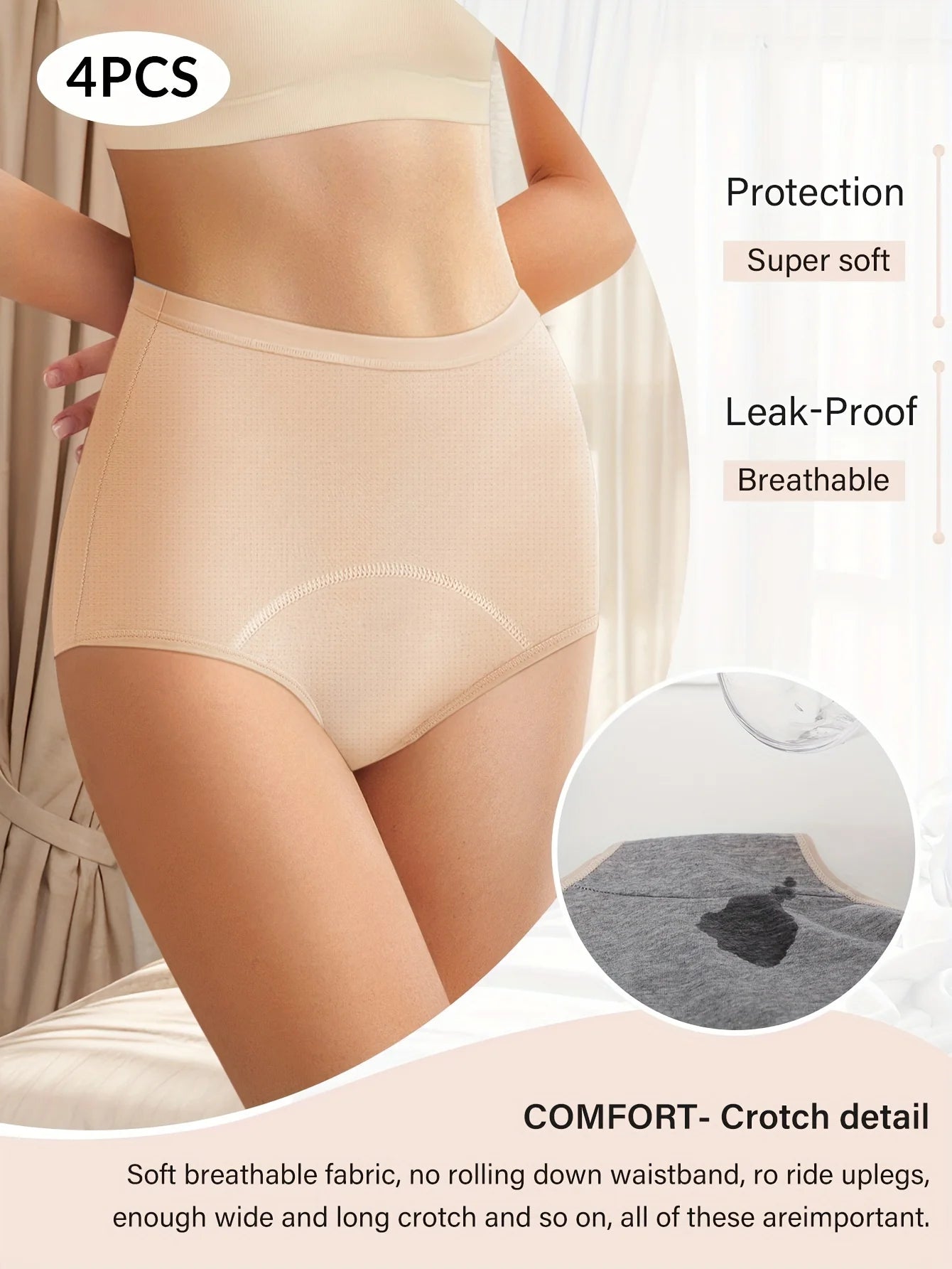 4pcs Physiology Women's Panties Breathable Mesh Silk Traceless Menstrual Leakage Prevention High Waisted Tummy Tightening