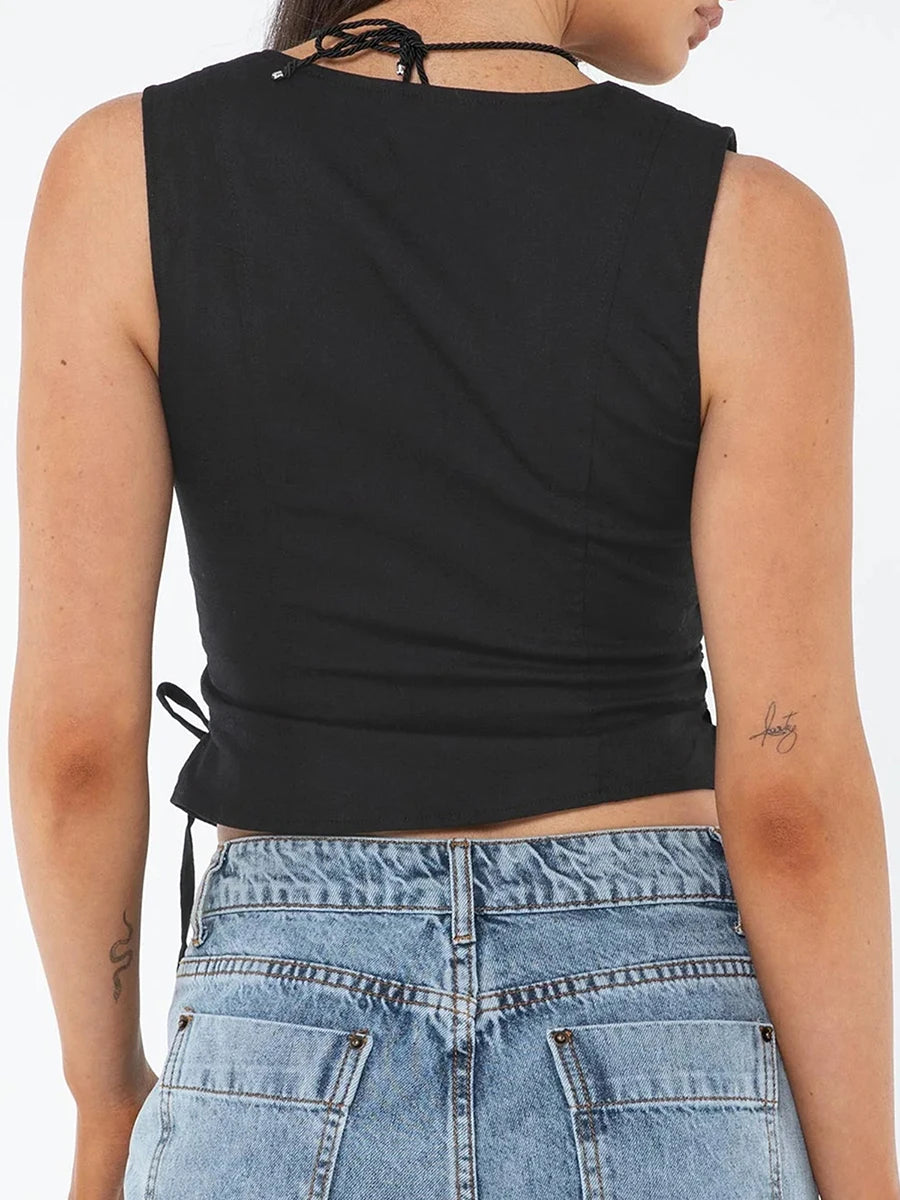 Women Summer Tank Tops Solid Color Front Button Vest Side Cross Tie-Up Waistcoat Streetwear
