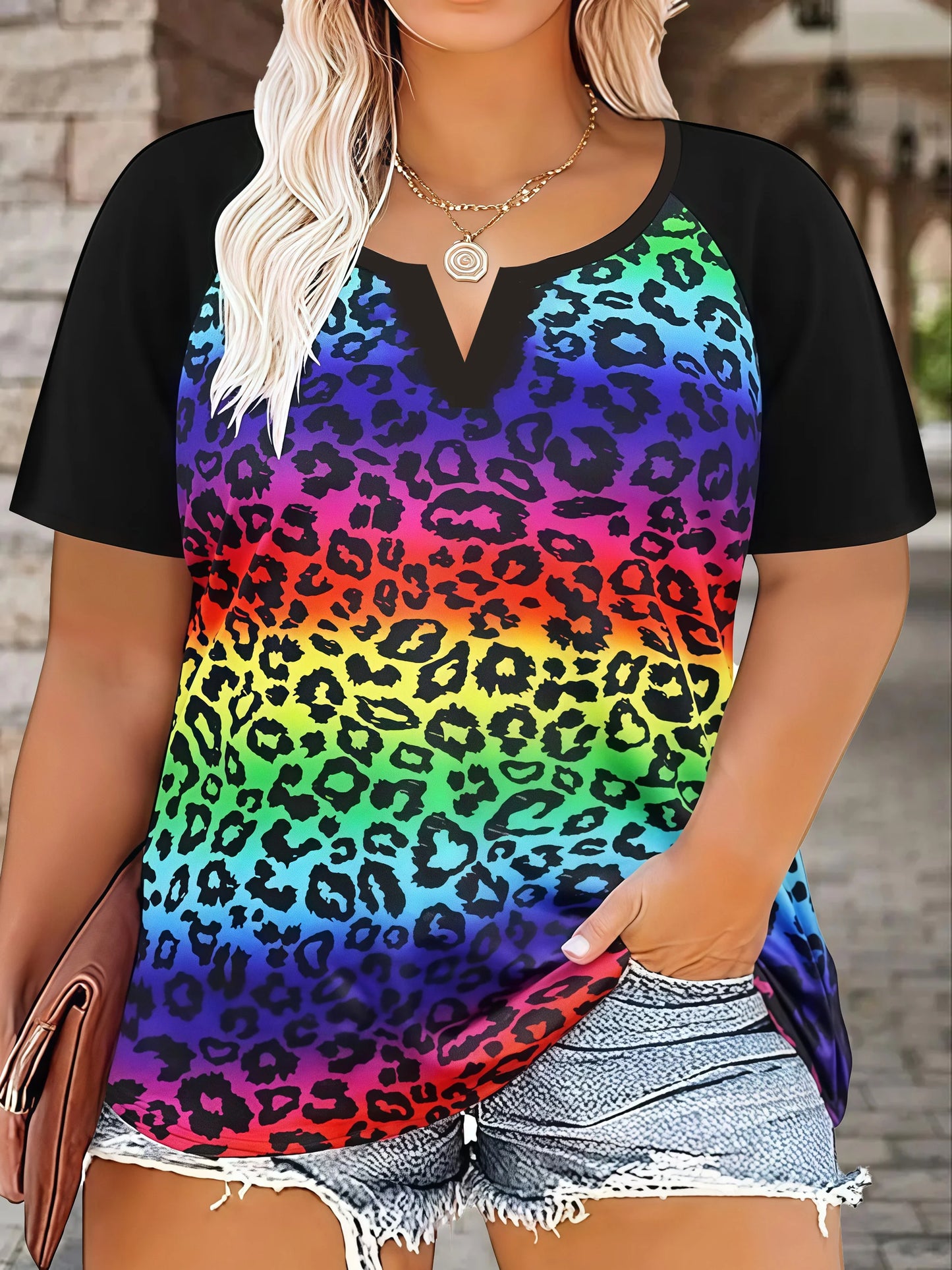 Plus Size Women's Casual Loose Fit Leopard/Floral Print Short Sleeve T-Shirt | Oversized Summer Top