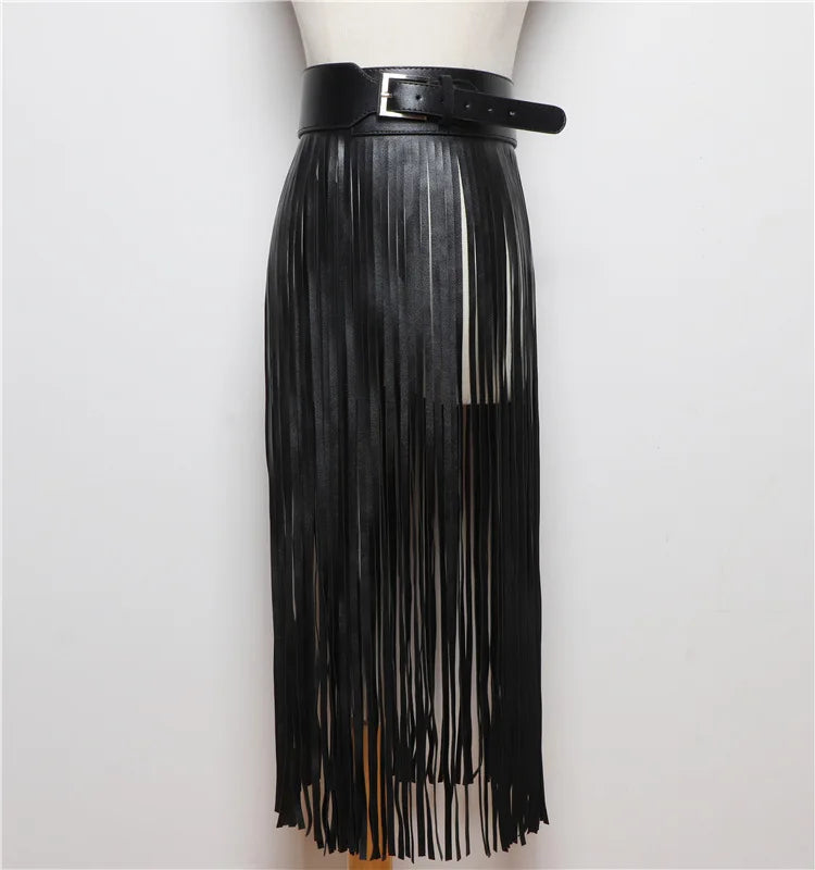 Leather Skirt Women Belt Black Full Tassels