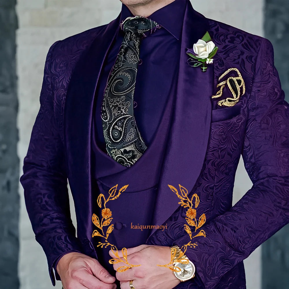 Jacquard Elegant Men's 3 Piece Suit Set Wedding Groom Tuxedo Jacket Pants Vest Formal Party Dress