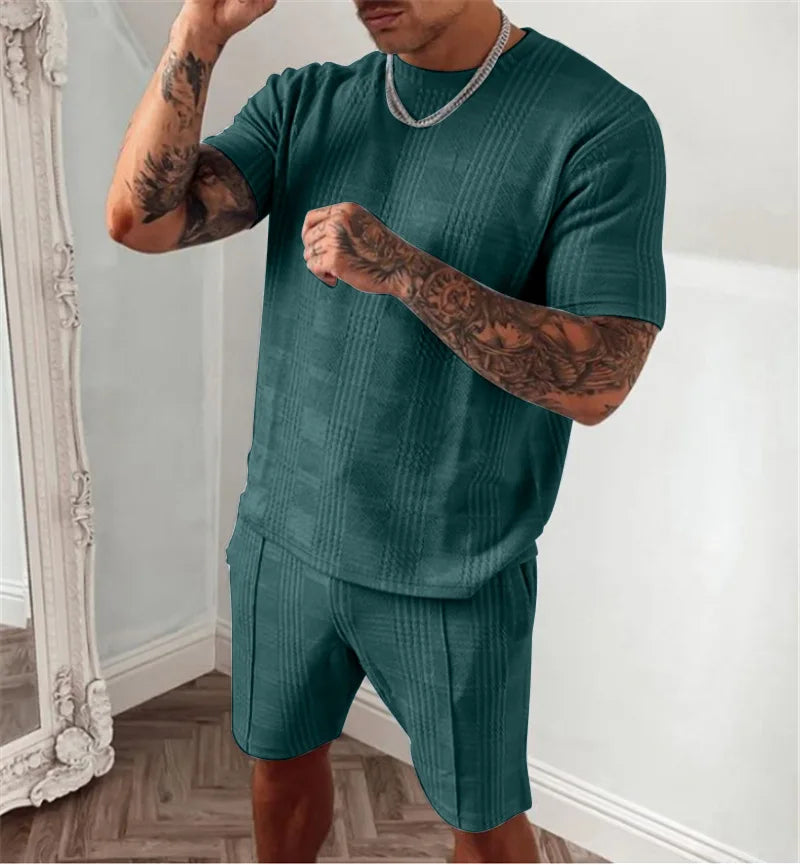 Men's Leisure Suit Summer New Fashion Brand Short Sleeve Shorts Suit Breathable Leisure Suit Draw Rope Solid Color Pattern Suit