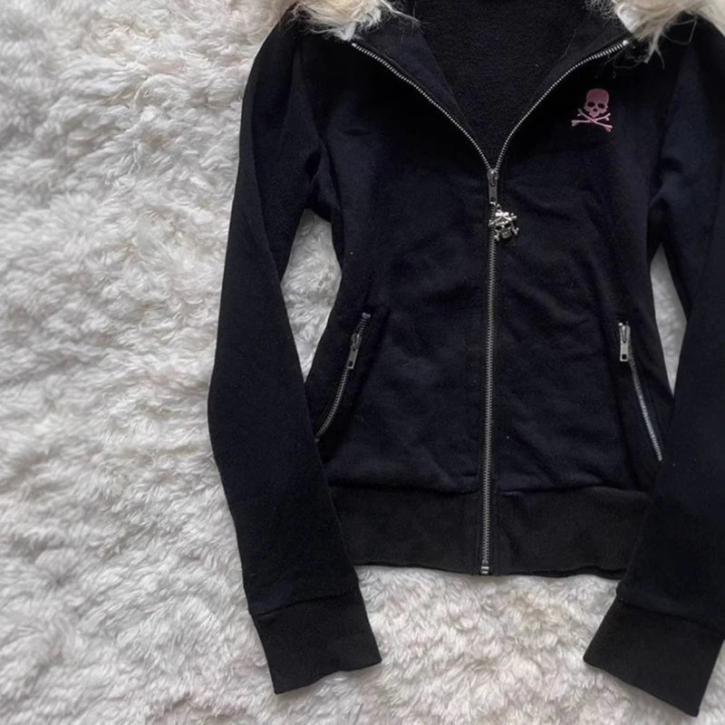 Designed fur collar long-sleeved hooded sweatshirt jacket  retro casual loose cardigan