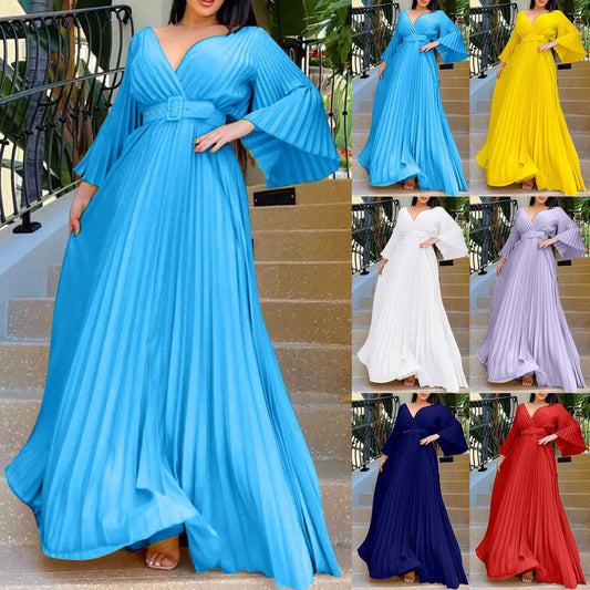 Women's Elegant Evening Dress Deep V Neck Flare Sleeve Pleated Prom Dress With Belt Formal Dresses For Women