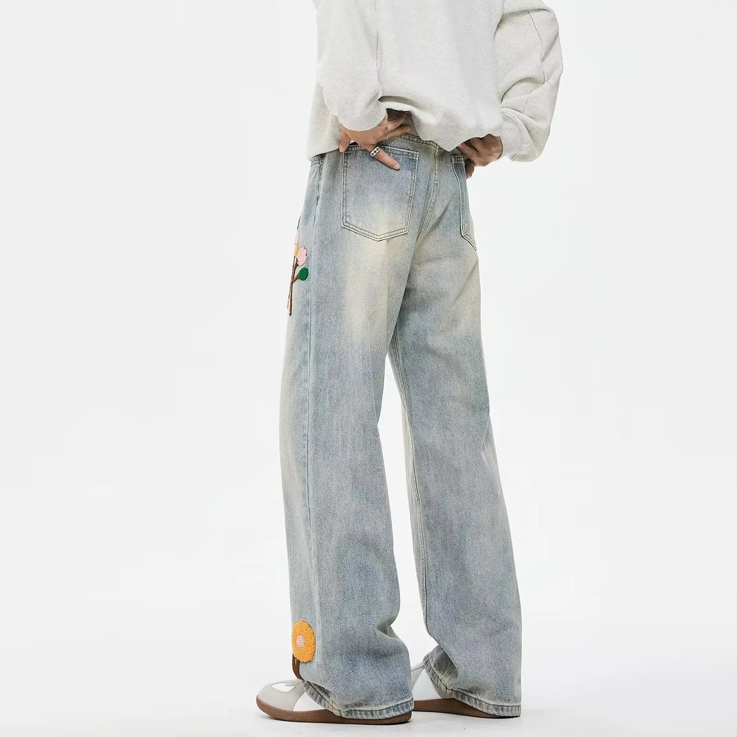 Vintage Flower Embroidered Jeans For Women High Street Baggy Straight Wide Leg Denim Pants Autumn Design Hip Hop Fashion Jean