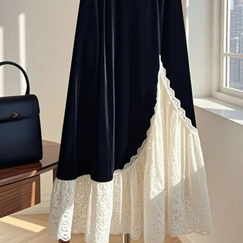 Lace Velvet  A-line Retro Long Skirt