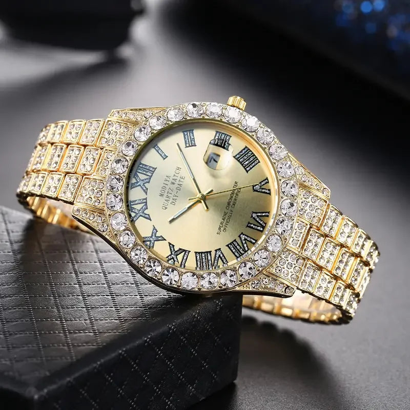 3pcs Necklace+Bracelet+Watch Cuban Chain Watch for Men Hip Hop Miami Curb Iced Out Paved Rhinestone Rapper Cuban men Jewelry set