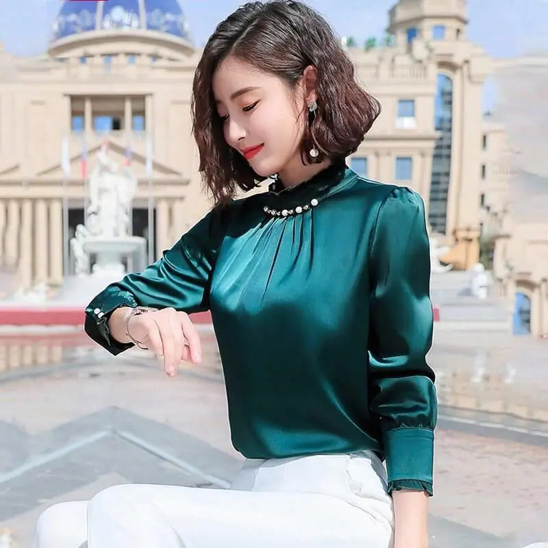 Chiffon Loose Long Sleeve Solid Color  Pleated Blouse