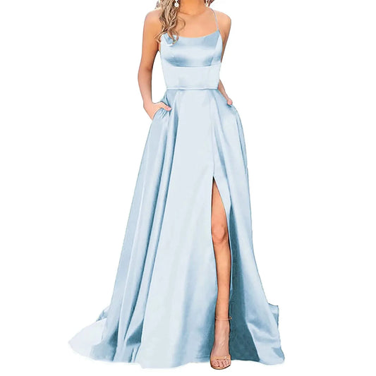 Women's  Satin Halter Backless Prom Dress Elegant High Slits Spaghetti Strap Evening Dress
