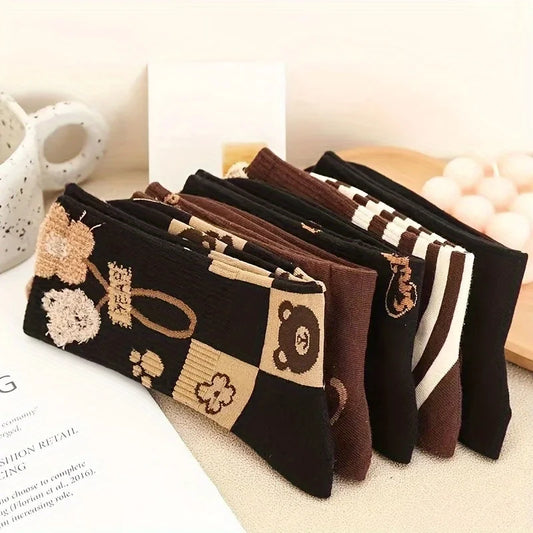 5 Pairs Of Latte Color Pattern Women's Socks, Comfortable And Versatile Mid-calf Socks