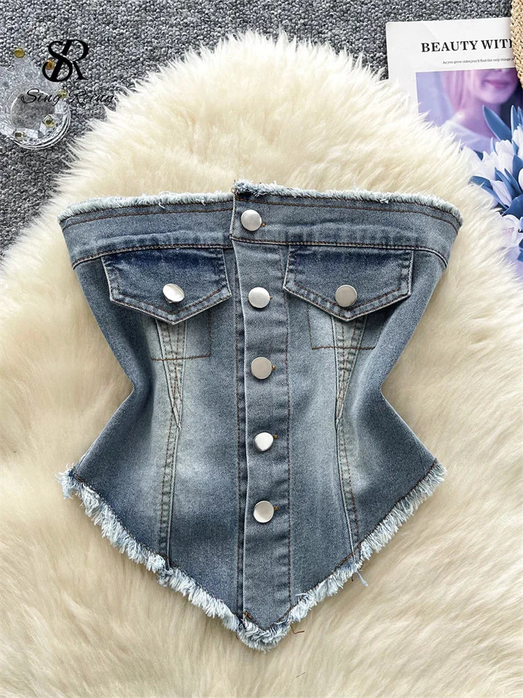SINGREINY American Retro Strapless Denim Top Women Elastic Ruched Irregular Fashion Blouse Hotsweet Short Beach Sexy Tank Top