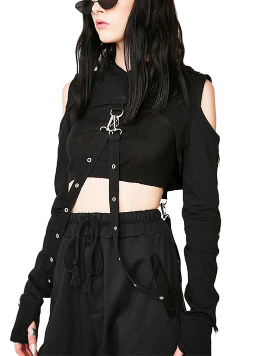 Women s Stylish Cutout Sweater with Embellished Detail Chic Black Long Sleeve Hoodie Crop Top with Strap Accents