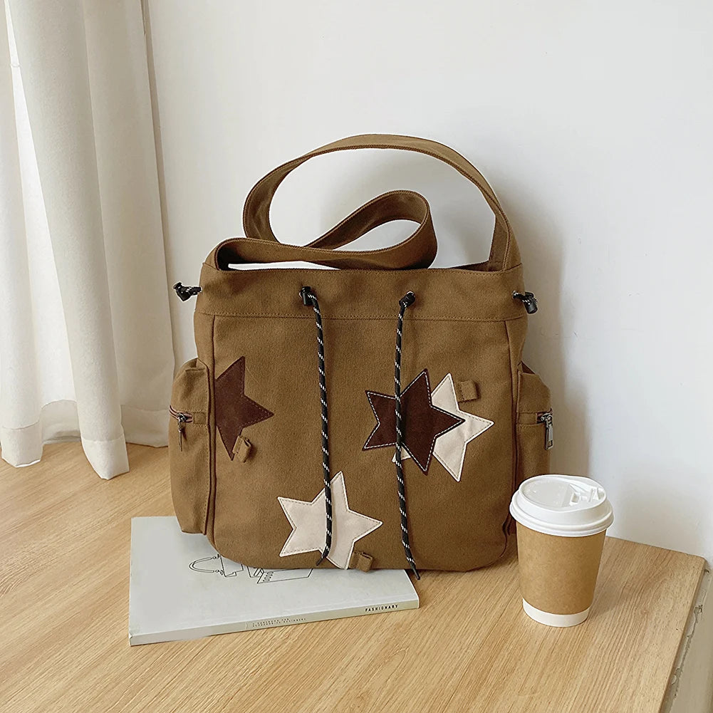 Women Casual Satchel Bag Large Capacity Canvas Star Applique  Street Style School Bag for Teens Students