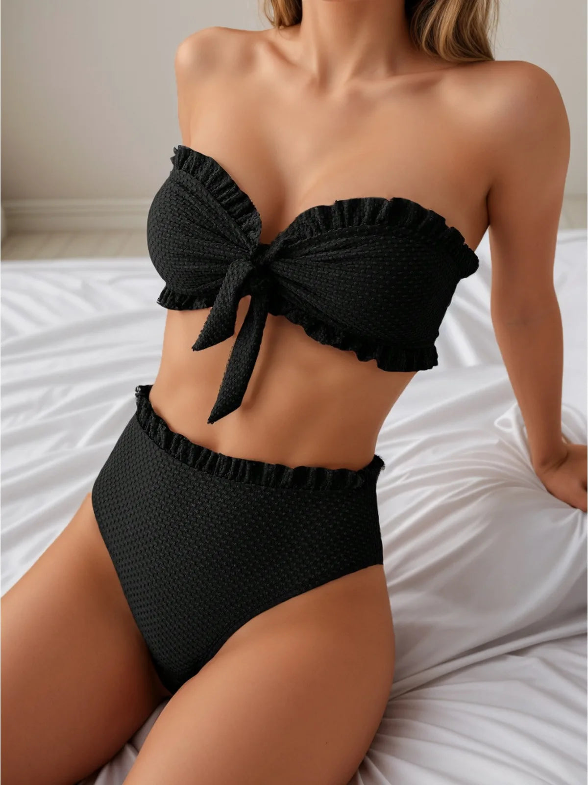 Solid Color 2 Piece Swimsuit Sexy Ruffle Strapless Backless Bikini Set Beach Vacation High Waist Swimwear Bathing Suit