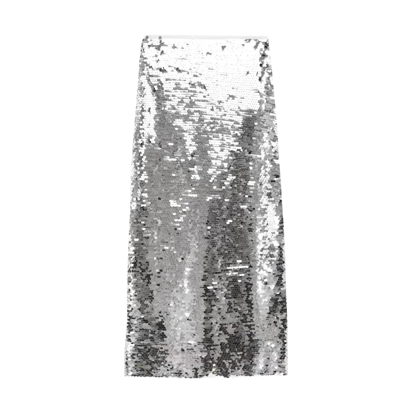 Sequined Midi Skirt Silver Color Hip Wrap Slim
