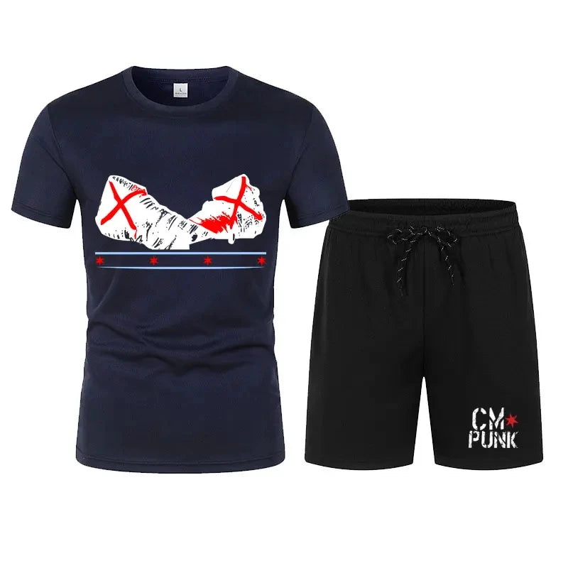 Men's black CM return punk T-shirt shorts suit summer short-sleeved men fashion comfortable loose clothing suit