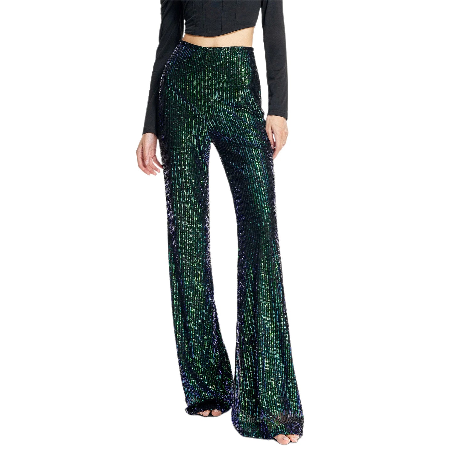 Women Sequin Embellished High Waist Flare Pants  Long Trousers