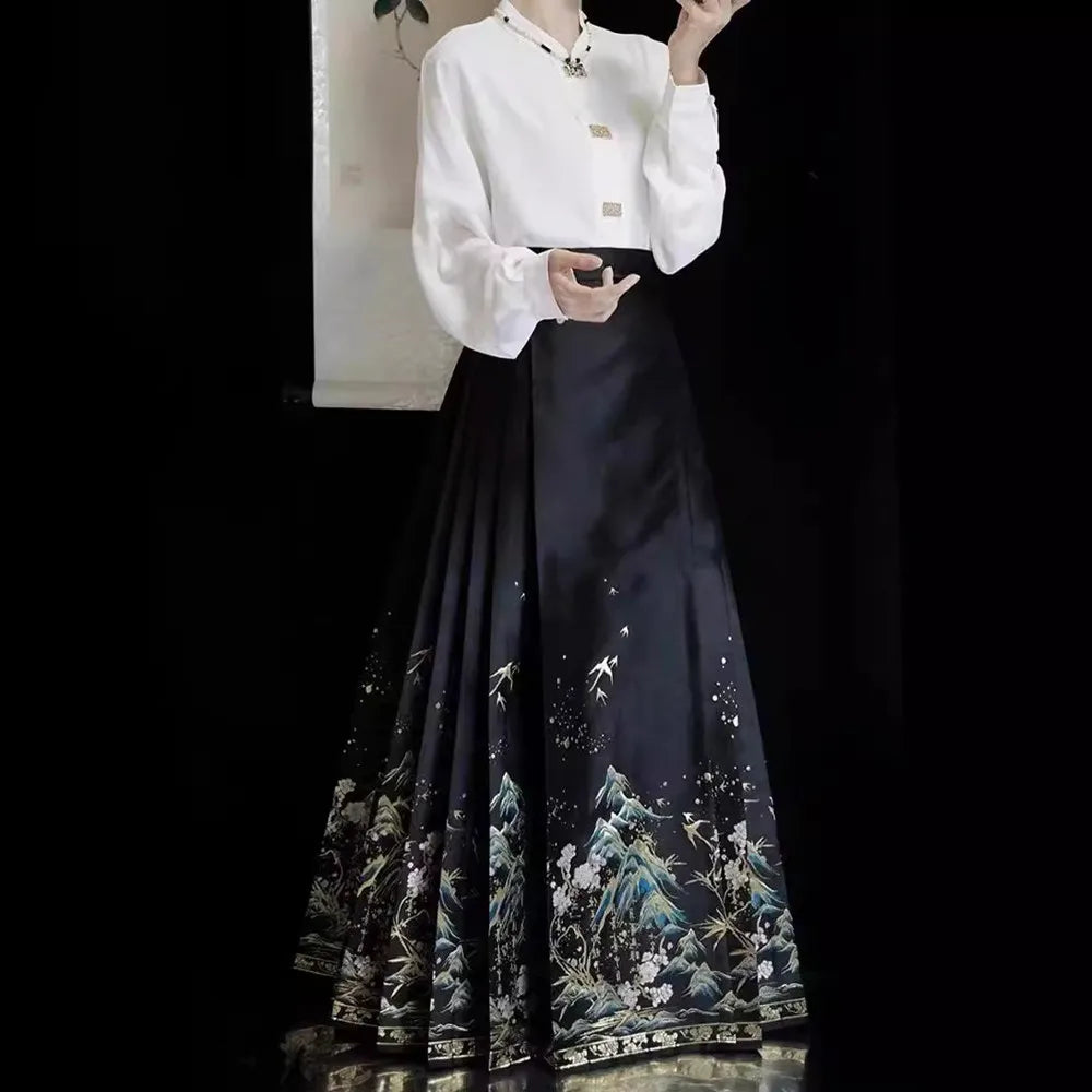Vintage Maxi Chinese Style Horse Face Skirts  Pleated