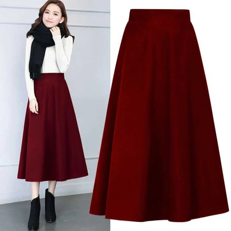 Long Woolen High Waist  A Line Thick Warm Pocket Maxi Skirt