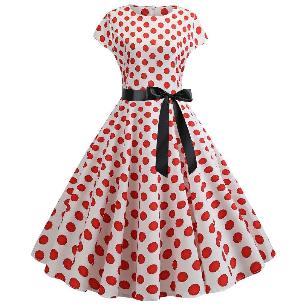 Women Vintage 1950s 60s Polka Dot Print High Waist A-line Swing Party Dress Retro Short Sleeve With Belt
